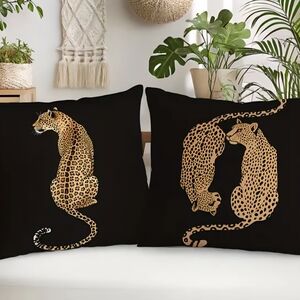 Set Black & Gold Leopard Design Velvety Texture Throw Pillow Covers 18x18"